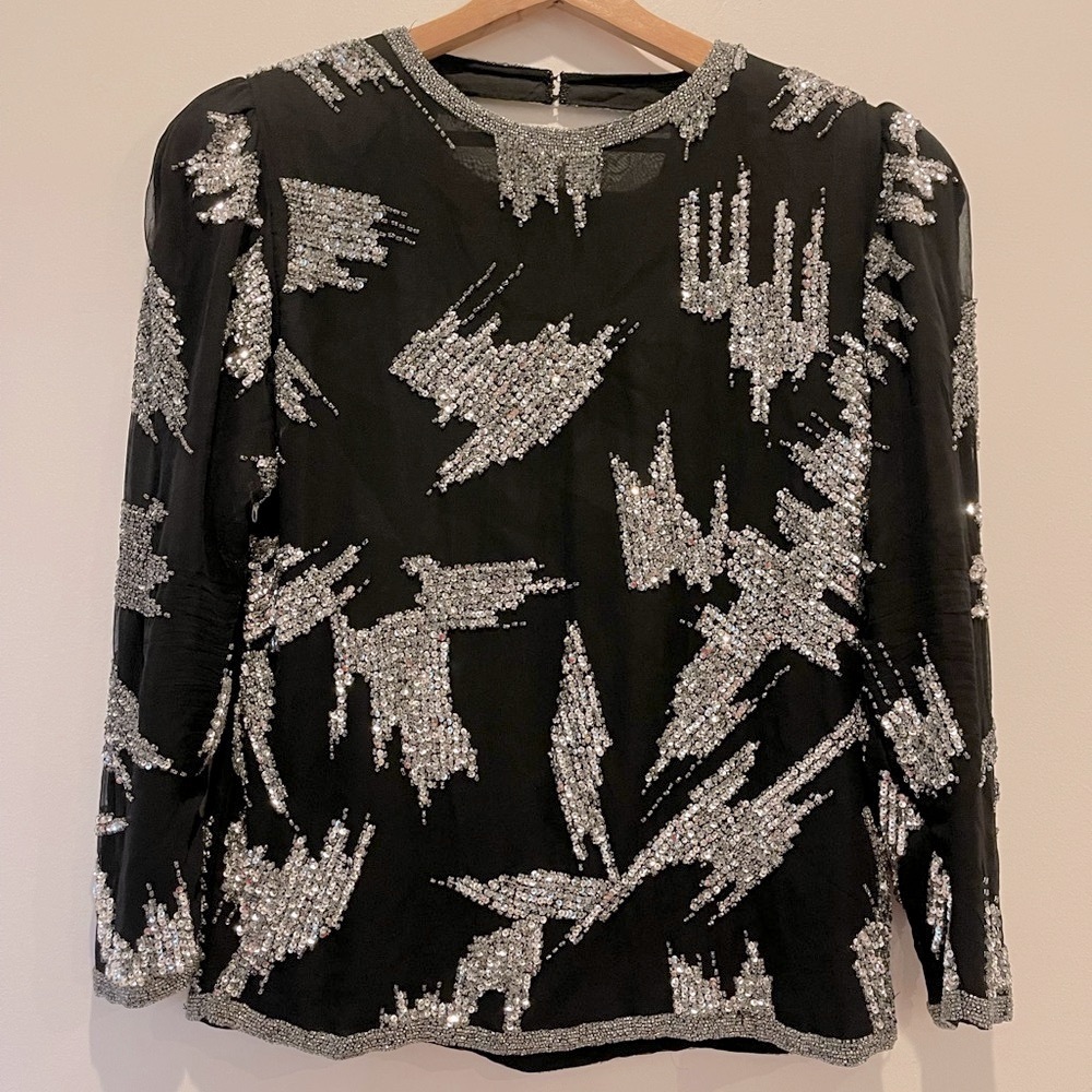 Vintage Oleg Cassini black and silver beaded sequin evening top 80s 90s size S